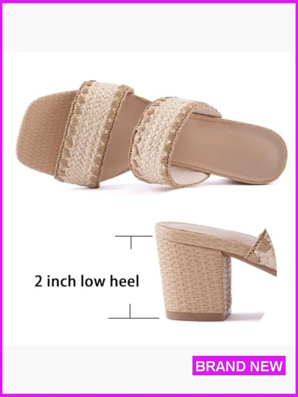 Woven Strappy Heeled Sandals Chunky Block Heel Square Toe Slip On Mules